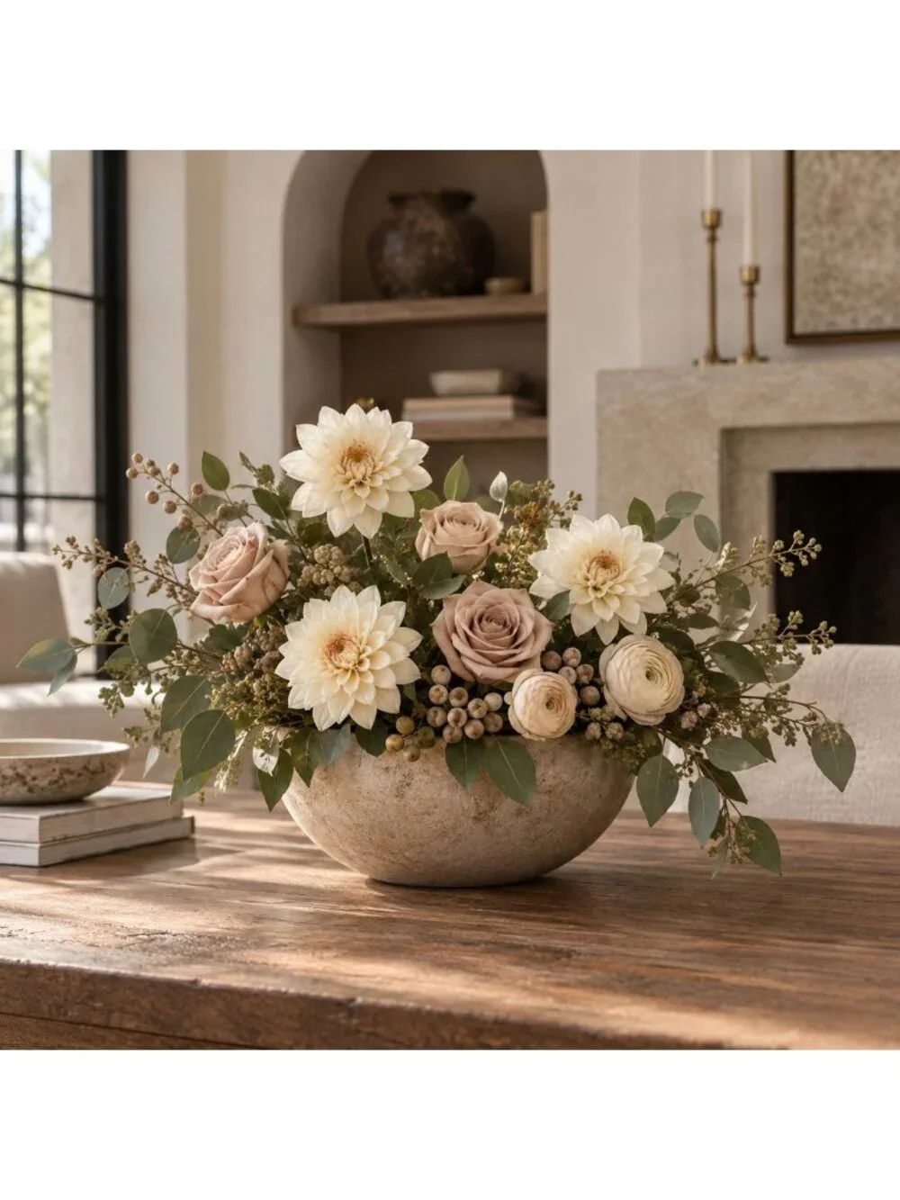 5 Off White Beige Artificial Dahlia Mum Stems 15 Inch Faux Silk Flowers for Wrea
